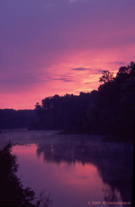 falls lake sunrise mist
